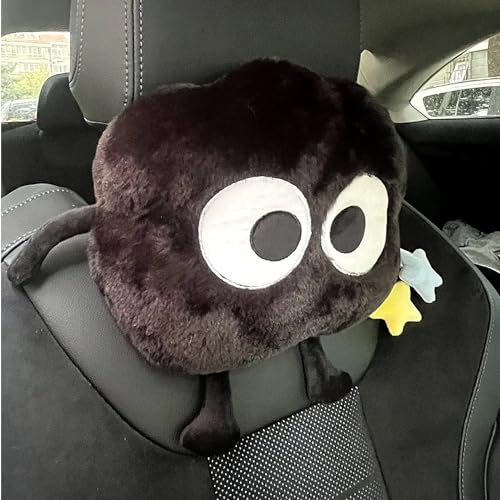 Car Headrest Pillow & Steering Wheel Cover Set with Cute Big-Eyed Furball Travel Neck Support Pillow Fur Car Interior Accessory (Black 3Pcs Set) - color: Black 3pcs Set