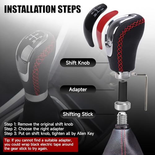 Universal 5/6 Speed Leather Car Racing Gear Shift Shifter knob,Artificial Leather and ABS Black Stitching Shift Knob with 4 Adapters,Replaceable 3 Gear Position Pastors(Black+Red Line) - color: 5/6 Speed Leather(Black+Red Line)