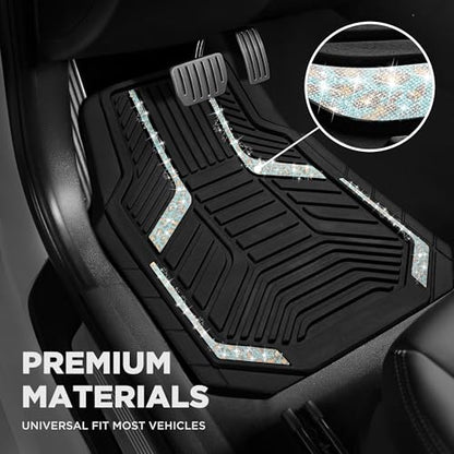 PIC AUTO Car Floor Mats, Leopard Sparkly Crystal Bling Glitter Car Mats Set, Front and Rear Heavy Duty Rubber Car Mats with Anti-Slip Backing, All Weather, Trim-to-Fit for Automotive SUVs, Sedan, Vans - color: Leopard