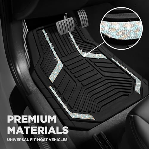 PIC AUTO Car Floor Mats, Leopard Sparkly Crystal Bling Glitter Car Mats Set, Front and Rear Heavy Duty Rubber Car Mats with Anti-Slip Backing, All Weather, Trim-to-Fit for Automotive SUVs, Sedan, Vans - color: Leopard