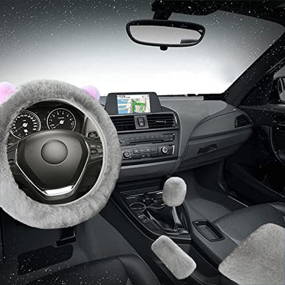 9 Pack Cute Bear Fluffy Steering Wheel Cover with Furry Gear Cover,Handbrake Cover,Seat Belt Pad,Armrest Pad,Bling Car Coaster and Fur Key Chain for Women Girls (Gray) - color: Gray