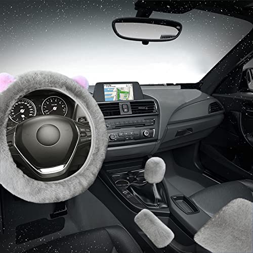 9 Pack Cute Bear Fluffy Steering Wheel Cover with Furry Gear Cover,Handbrake Cover,Seat Belt Pad,Armrest Pad,Bling Car Coaster and Fur Key Chain for Women Girls (Gray) - color: Gray