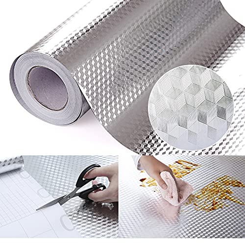 Snkxu Kitchen Wallpaper Oil Proof Sticker Backsplash Aluminum foil Oil self-Adhesive Paper Silver Cabinet Liner Waterproof and Heat Resistant Peel and Stick backsplash, 15.7X197 Inches - size: 15.7"W x 197"L