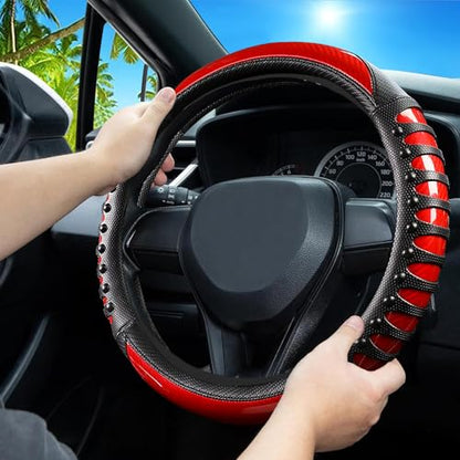 Car Leather Steering Wheel Cover - Carbon Fibre Material, Universal 14.5-15 Inch Leather Anti-Slip Breathable Auto Steering Wheel Covers for Men Women (3D Massage - Sports Red) - color: 3D Massage - Sports Red