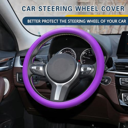 Car Steering Wheel Cover, 13 to 14.17 inches Non-Slip Silicone Steering Wheel Protector, Car Accessories Thin Soft Leather Texture Steering Wheel Protective Cover for Most Cars (Purple) - color: Purple