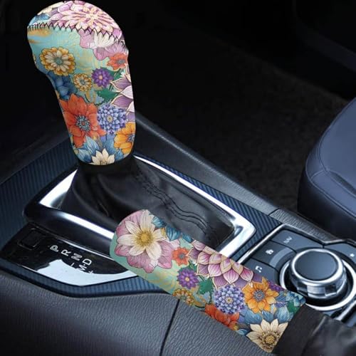 Horeset Datura Dahlia Handbrake Cover Gear Shift Knob Cover Set Universal for Car Auto SUV Interior Decoration Accessories 2PCS - color: Datura Dahlia
