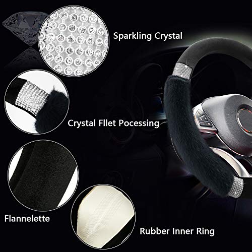 Achiou Rhinestone Fluffy Steering Wheel Cover - Comfortable Non-Slip Luxury Faux Wool, Universal Fit for 14.5" to 15" Steering Wheels - color: Black and Black