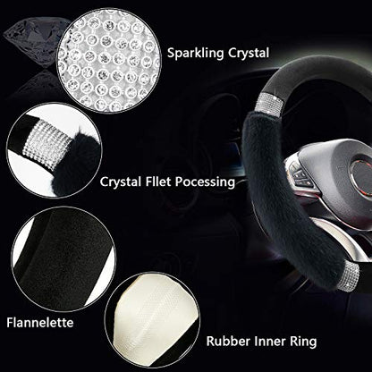 Achiou Rhinestone Fluffy Steering Wheel Cover - Comfortable Non-Slip Luxury Faux Wool, Universal Fit for 14.5" to 15" Steering Wheels - color: Black and Black