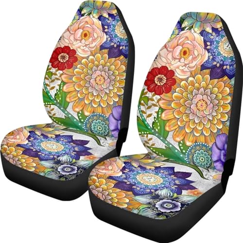 Boho Mandala Flowers Print Car Front Seat Cover Set of 2, Auto Bucket Seats Protector Universal Car Accessories Interior Decor for Women Men - color: Boho Mandala Flowers 86