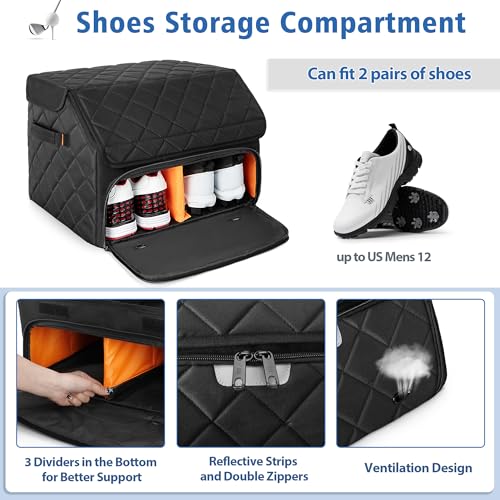 PGmoon Upgraded Golf Trunk Organizer, Golf Car Organizer with Separate Ventilated Compartment for 2 Pair Shoes, Golf Storage with Multi-Compartment for Golf Accessories, Gifts for Golfers