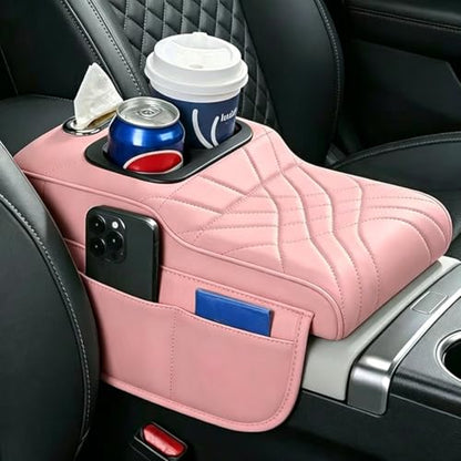 Upgraded Car Center Console Cover,PU Leather Car Armrest Cover Cushion Contains High Elasticity Sponge with Cup Holder,2 Storage Bags Tissue Box (Pink-A) - color: PINK-A