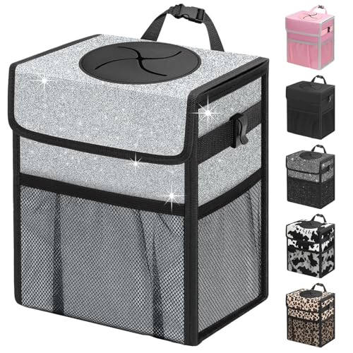 Capolo Car Trash Can with Lid, Leakproof Car Trash Bag Hanging Waterproof Automotive Garbage Can with Storage Pockets Mini Vehicle Trash Bin for Back/Front Seat(Silver Glitter,2.5 Gallon) - color: Silver Glitter, size: 2.5 Gallons