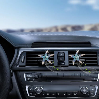 ORIESSE Beach Car Decor,Cute Coastal Car Vent Clips,Starfish Car Air Freshener,2pcs Ocean Themed Dashboard Accessories for Women Teens,Refillable Blue Rhinestone Diffuser