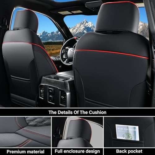 Coverado Seat Covers Dodge RAM 1500, Curved Front Waterproof Leatherette Seat Covers for Car Compatible with 2009-2018 Dodge Ram 1500, 2010-2024 Ram 2500 3500 Dodge RAM Trucks, Red line - color: Red line, size: Curved Front&No Rear