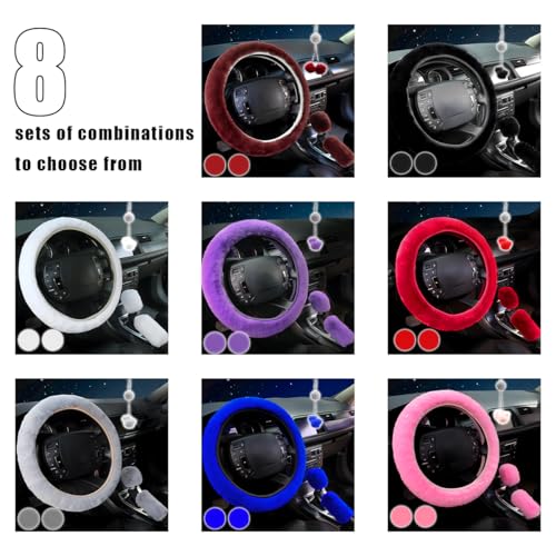 6 PCS Fluffy Steering Wheel Covers Set, 15 Inch Soft Steering Wheel Cover, Handbrake Cover & Gear Shift Cover & Cup Holder Coaster & Car Mirror Accessory, Car Accessories (White) - color: White