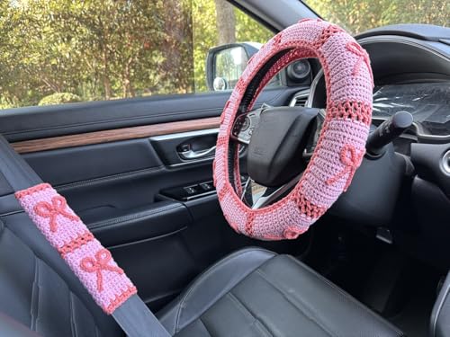 Handmade Crochet Pink Bow Car Steering Wheel Covers Universal 14-15 inch,Cute Steering Wheel Cover,Car Accessories (A: Wheel Cover+2Belt Cover) - color: A:Wheel Cover+2Belt Cover