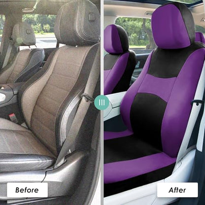 FH Group Light & Breezy Cloth Full Set Car Seat Covers (Purple/Black) Combo Set: Steering Wheel Cover, Seat Belt Pads and Black Vinyl Floor Mats – Universal Fit for Cars Trucks & SUVs