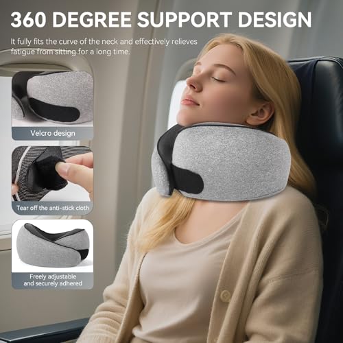 SZXYX Neck Travel Pillows - 100% Pure Memory Foam Neck Pillow for Airplanes, Comfortable Breathable Cover, 360° Support Stowable Pillows for Sleeping, Car, Airport Travel Essentials, Gray