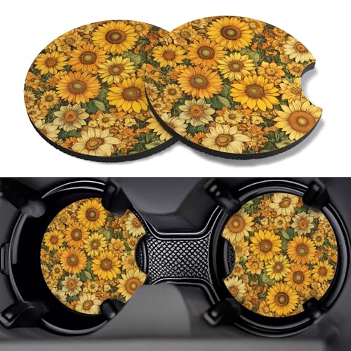 Car Cup Coasters,2 Pack Car Coaster,2.75inch Anti Slip and Absorbent Cars Coasters for Cup Holders,Neopren Accessories for Women,Cute Decor for Women (Sunflowers) - color: Sunflowers