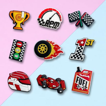 Premium Racing Shoe Charms Set, 9 Waterproof PVC Charms for Sandals, Backpacks, Wristbands and Accessories