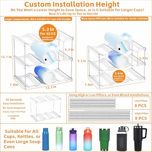 Yieach Larger Compartments Stackable Water Bottle Organizer for 40 oz Stanley Cup Holder,Yeti and Other Tumbler Organizer,3 Tier Wine Rack and Waterbottle Storage Rack for Kitchen Cabinets,Countertop - size: 3 Tier Hold 9 Bottle