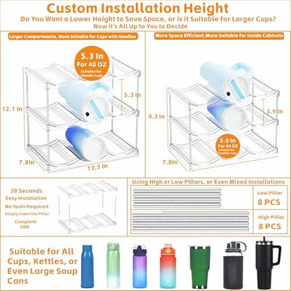 Yieach Larger Compartments Stackable Water Bottle Organizer for 40 oz Stanley Cup Holder,Yeti and Other Tumbler Organizer,3 Tier Wine Rack and Waterbottle Storage Rack for Kitchen Cabinets,Countertop - size: 3 Tier Hold 9 Bottle