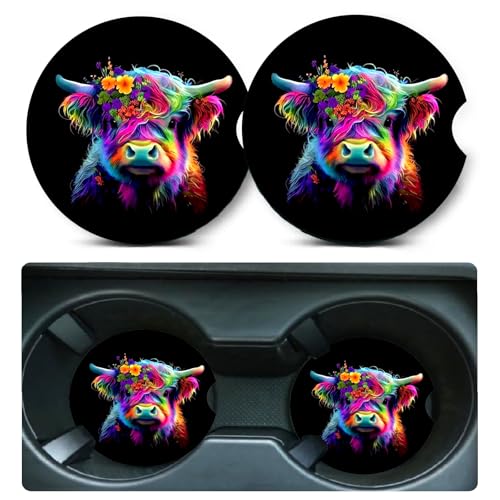 Car Coasters for Cup Holders,2 Pack Highland Cow Car Cup Holder Coasters,2.75" Universal Size Anti Slip Rubber Mat,Automotive Cup Holder Decal Decor Accessories,Cow Gifts for Women,Men,Mom,Her - color: Colour Cow