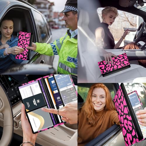 Car Registration and Insurance Holder with Magnetic Closure, Universal Document Organizer for License, Insurance Cards & Glove Box Storage (Leopard-Glitter Hot Pink) - color: Leopard-Glitter Hot Pink