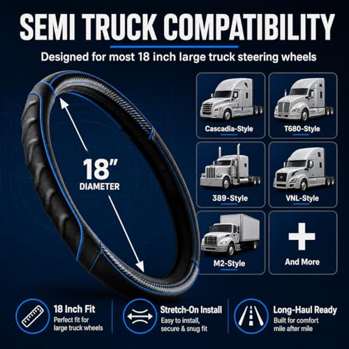 18 Inch Semi Truck Steering Wheel Cover for Freightliner Cascadia, Kenworth T680 T880, Peterbilt 579, Volvo VNL - Anti-Slip Carbon Fiber Grip - Carbon Blue - color: Black Blue