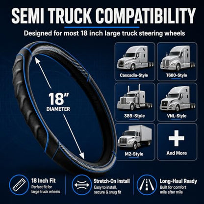18 Inch Semi Truck Steering Wheel Cover for Freightliner Cascadia, Kenworth T680 T880, Peterbilt 579, Volvo VNL - Anti-Slip Carbon Fiber Grip - Carbon Blue - color: Black Blue