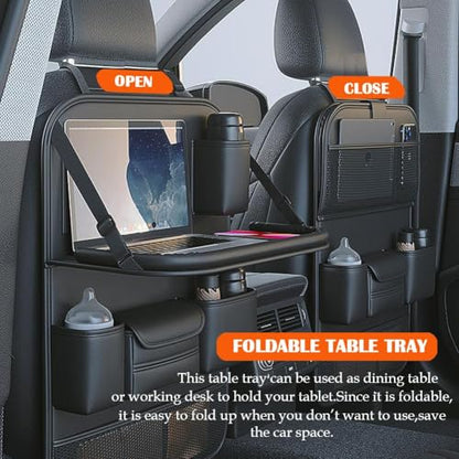 Foldable Car Backseat Organizer with Table Tray, Car Seat Back Protector with Touch Screen Phone Holder, Premium Leather Kick Mats with Storage Pockets Tissue Holder (Black)