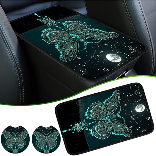 Universal Auto Center Console Pad and 2Pcs Car Coasters Set, Anti Slip Soft Neoprene Car Armrest Seat Box Cover Protector Universal Fit - Car Interior Accessories, Green Butterfly - color: 498
