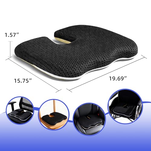 Gooo&Ma Car Seat Cushion & Office Chair Pad - Air Fiber Breathable U-Shape Cooling Cushion for Tailbone Comfort, Driving, Desk & Gaming, Ergonomic Washable Seat Pad with Non-Slip Base(Black)