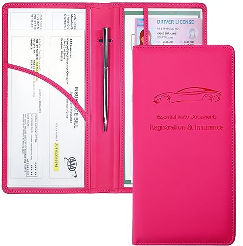 Yarnic Car Registration and Insurance Holder, Car Document Holder with Magnetic Closure, Registration and Insurance Card Holder Car Organizer Glove Box Compartment Organizer for Men Women (Hot Pink) - color: Hotpink