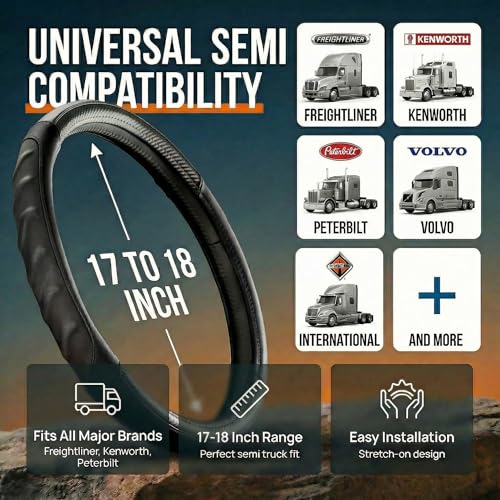 18 Inch Semi Truck Steering Wheel Cover for Freightliner Cascadia, Kenworth T680 T880, Peterbilt 579 & Volvo VNL – Heavy Duty Anti-Slip Leather Grip for Big Rig Class 8 Trucks – Black - color: Royal Black