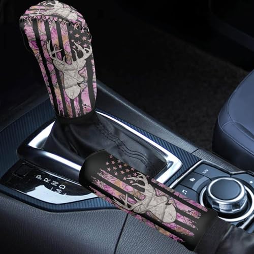 Deer Car Handbrake Cover American Flag Gear Shift Knob Cover Pink Camo Hunting Universal Automobile Accessories Set for Men Women - color: Deer American Flag Pink Camo