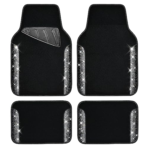 CAR PASS Bling Car Mats Shining Diamond Carpet Crystal Rhinestone Sparkly Glitter Floor Mats with Anti-Slip PVC Pad Universal Fit Automotive SUV,Sedan,Van,4pcs for Girl Women, Black Sliver Diamond - color: AB Silver