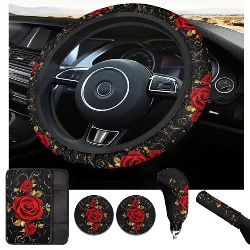 Red Rose 6pcs Car Steering Wheel Cover Set Flower Print Cup Coaster Handbrake Gear Cover Car Interior Accessories Fit Vans Trucks,SUV - color: Red Rose