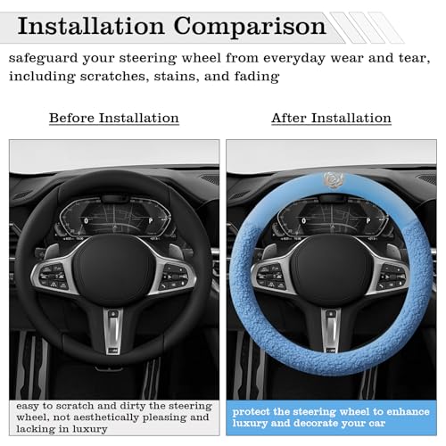 Blue Camellia Lambswool Steering Wheel Cover, for Universal Auto Steering Wheel 14.5-15 in, Lambswool Fabric, Anti-Slip, Soft Plush, Comforting and Luxurious, Embroidery Patterns, Soft Texture - color: Blue