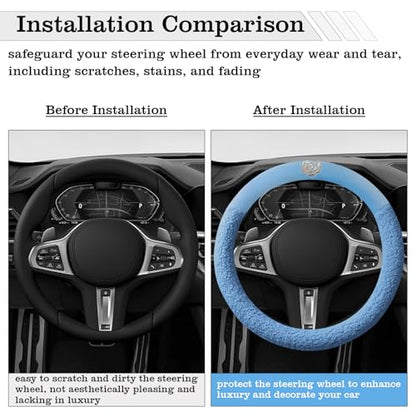 Blue Camellia Lambswool Steering Wheel Cover, for Universal Auto Steering Wheel 14.5-15 in, Lambswool Fabric, Anti-Slip, Soft Plush, Comforting and Luxurious, Embroidery Patterns, Soft Texture
