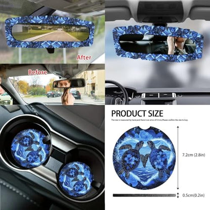 Wanyint Sea Turtle Blue 14 PCS Car Seat Covers Set, Auto Seat Protector with Steering Wheel Cover Seat Belt Pads Garbage Bag Armrest Cover Handbrake Cover Set Rear View Mirror Protector Coasters - color: Sea Turtle Hibiscus Blue