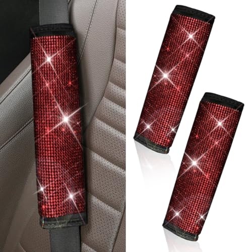 2PCS Bling Car Seat Belt Covers, Rhinestone Crystal Vehicle Seat Strap Cushion, Glitter Car Seatbelt Shoulder Protection Pad, Auto Interior Decoration Accessory for Cars, Trucks (Red) - color: Red