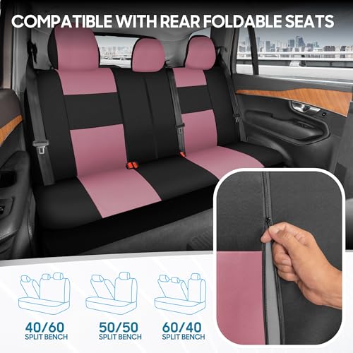 BDK PolyPro Car Seat Covers Full Set in Pink on Black, Front and Rear Split Bench Seat Covers for Cars, Easy to Install Car Seats Cover Set and Accessories for Auto Trucks Van SUV - Pink - color: Pink