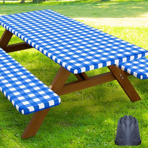 Smiry Picnic Table Cover with Bench Covers, Waterproof Elastic Fitted Tablecloths for 5 Foot Rectangle Tables, Washable Buffalo Plaid Tablecloth for Camping, Outdoor (Blue & White, 30"x60") - color: Blue and White, size: 30" x 60"