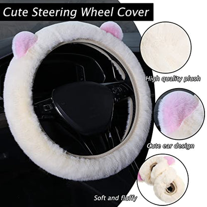 9 Pack Cute Bear Fluffy Steering Wheel Cover with Furry Gear Cover,Handbrake Cover,Seat Belt Pad,Armrest Pad,Bling Car Coaster and Fur Key Chain for Women Girls (Beige) - color: Beige