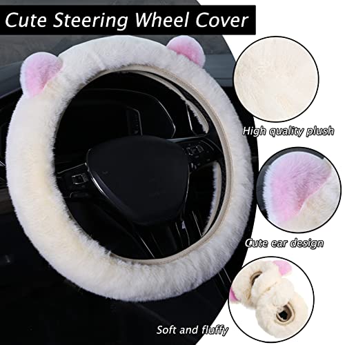 9 Pack Cute Bear Fluffy Steering Wheel Cover with Furry Gear Cover,Handbrake Cover,Seat Belt Pad,Armrest Pad,Bling Car Coaster and Fur Key Chain for Women Girls (Beige) - color: Beige