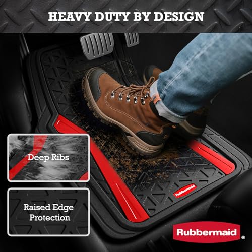 Rubbermaid Car Floor Mats Full Set,Premium Heavy Duty All-Weather Car Mats– Rugged Rubber with Brushed Aluminum Inserts, Universal Trim-to-Fit, Anti-Slip Backing for Cars, SUVs, Trucks & Vans - Red - color: Red