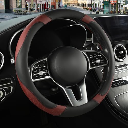Microfiber Leather Steering Wheel Cover Large Size for Ford F150 F250 F350 RAM 4Runner Tacoma Tundra Sequoia Model S Model X, Breathable, Anti Slip, 15.5 inch to 16 inch, Black with Burgundy - color: Black Burgundy, size: Round-Large[15.5"-16"]