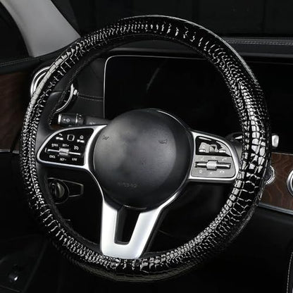 Luxury Crocodile Texture Glossy Leather Car Steering Wheel Cover, New Universal 15 Inch Vehicle Steering Wheel Cover for Cars, Trucks, Suvs, Pickups Interior Accessories (Black) - color: Black