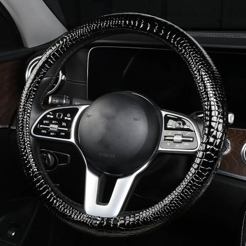 Luxury Crocodile Texture Glossy Leather Car Steering Wheel Cover, New Universal 15 Inch Vehicle Steering Wheel Cover for Cars, Trucks, Suvs, Pickups Interior Accessories (Black) - color: Black